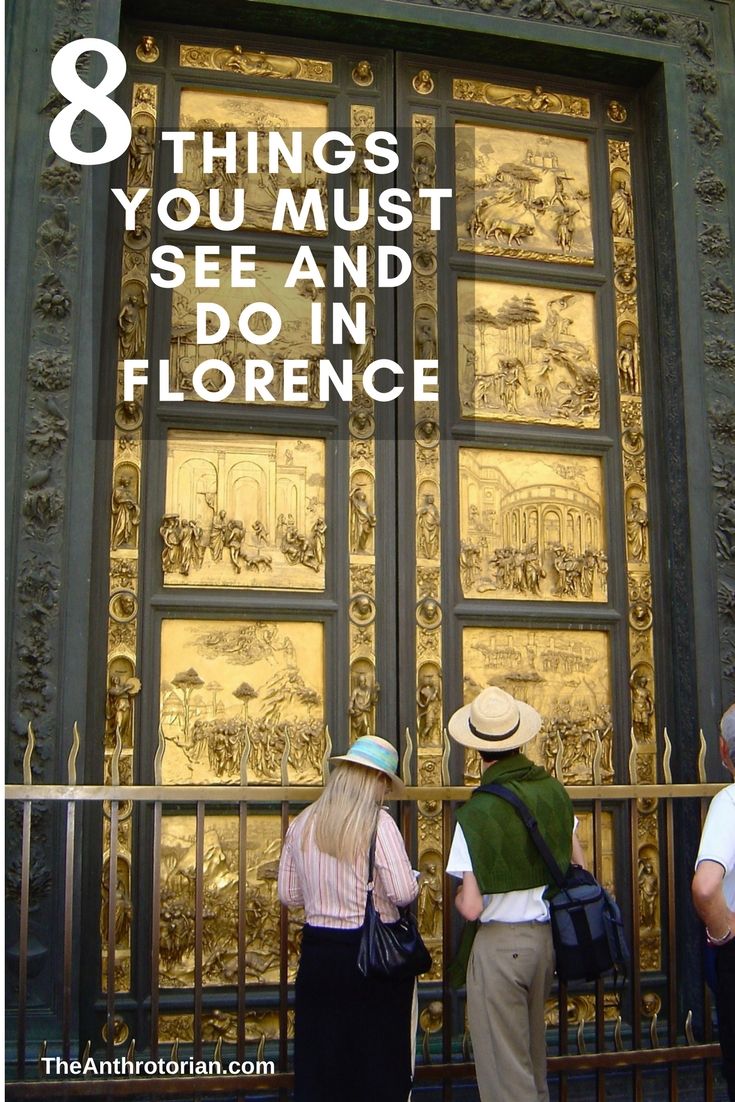 three people standing in front of a golden door with the words 8 things you must see and do in florence