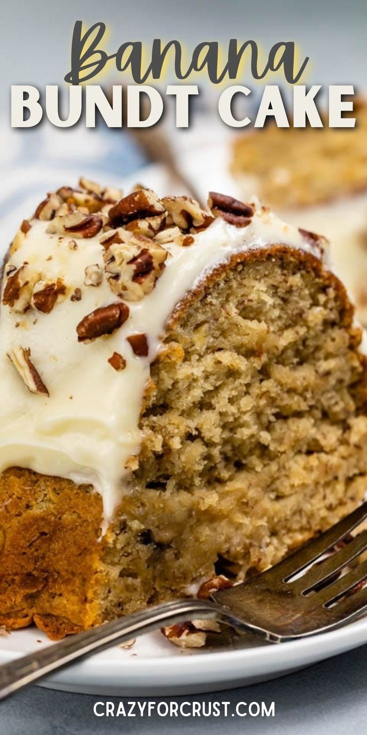 slice of bundt cake with white icing and chopped nuts on top sitting on a white plate next to a fork with words on the photo saying the name of the recipe Banana Nut Bread Pound Cake, Banana Bundt Cake Recipes Sour Cream, Banana Pudding Bundt Cake Recipes, Bundt Cake Banana Bread, Banana Walnut Bundt Cake, Banana Bundt Cake With Cake Mix Yellow, Banana Walnut Cake Recipe, Banana Bundt Cake Recipes, Banana Nut Bundt Cake