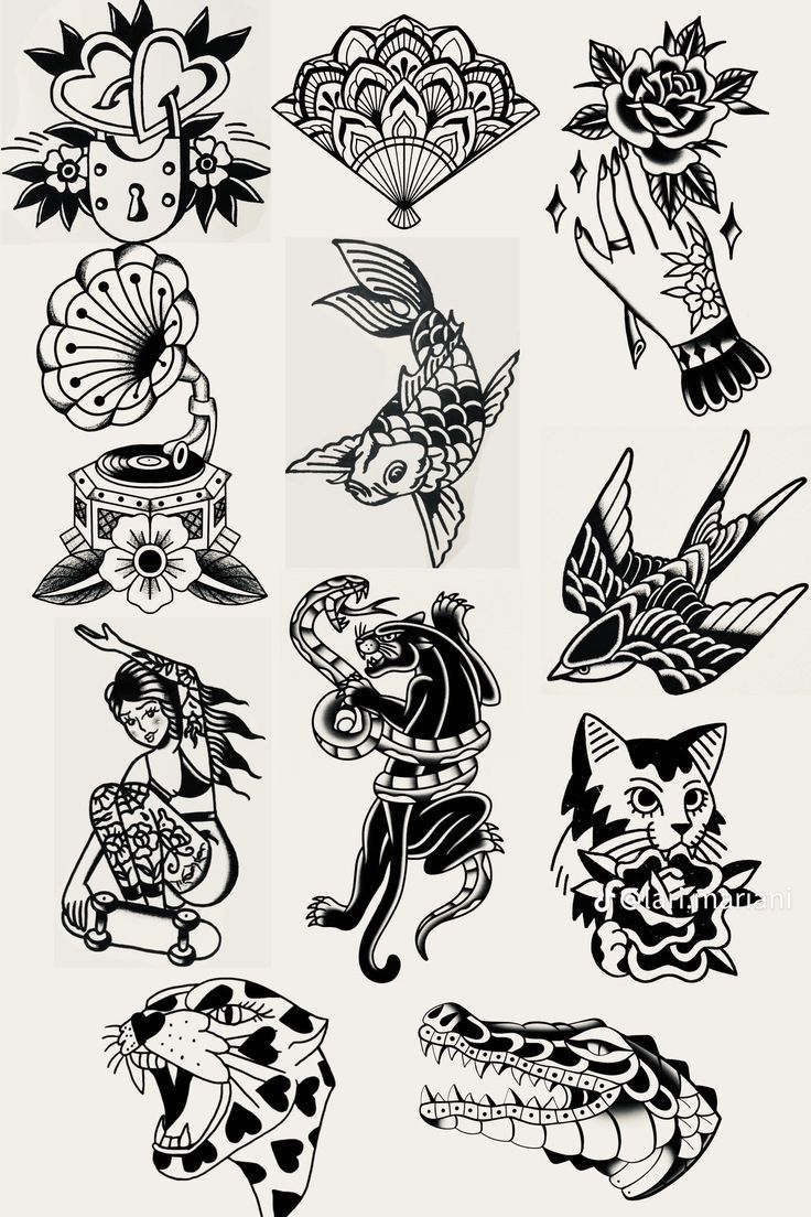 an assortment of tattoo designs on a white background, with black and white images in the middle