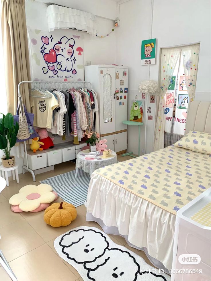 a bedroom with hello kitty bedding and rugs