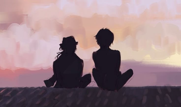 two people sitting on a roof looking at the sky with clouds in the back ground