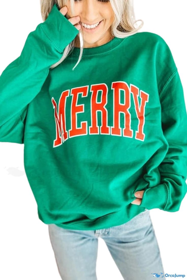 OrcaJump - MERRY Design Pullover Sweater Green Winter Tops With Ribbed Cuffs, Green Letter Print Sweater For Winter, Green Winter Sweater With Letter Print, Casual Green Christmas Sweatshirt, Green Letter Print Tops For Winter, Green Casual Christmas Sweater, Green Letter Print Sweatshirt For Winter, Green Fall Sweatshirt For College, Christmas 2022 Trends