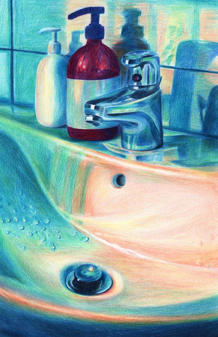 a pastel drawing of a sink with soap and lotion