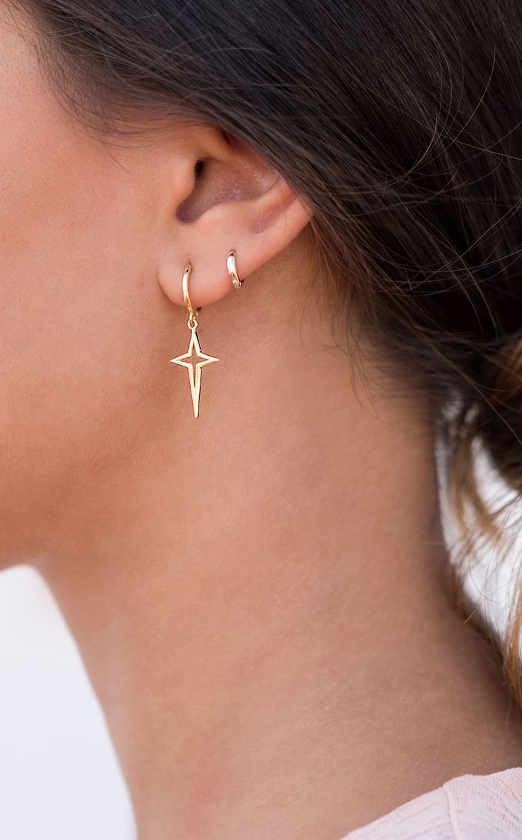 Dainty Cross Star Huggie Hoop Earrings - Etsy Cross Rings, Gold Bar Earrings Studs, Double Ear Piercings, Pretty Ear Piercings, Second Piercing, Star Silver, Cute Ear Piercings, Earrings Star, Star Cross