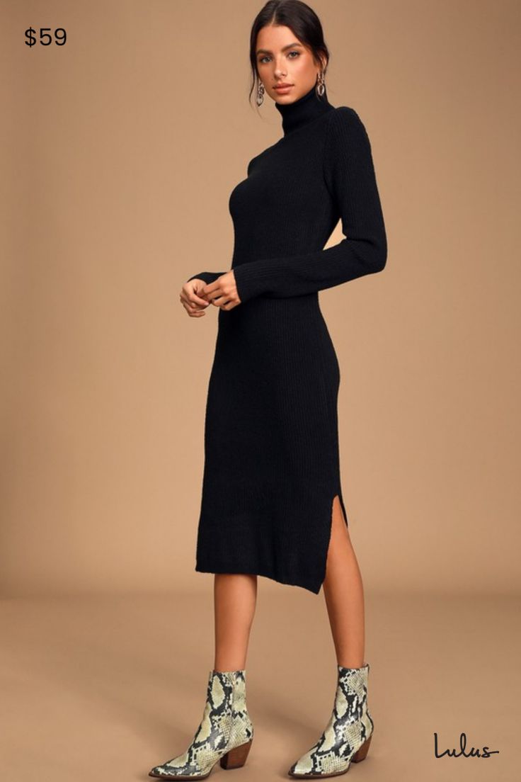 The Lulus Sheerah Black Turtleneck Midi Sweater Dress is so cozy, you'll never want to take it off! Soft, medium-weight knit shapes a turtleneck and fitted long sleeves. Relaxed bodice leads into a figure-skimming midi skirt with twin side slits. Pair with a denim jacket for a chic layered look! Fit: This garment fits true to size. Length: Knee to mid-calf length. Size medium measures 43" from shoulder to hem. Bust: Great for any cup size. Waist: Loosely Fitted. Hip: Loosely Fitted. Undergarment Dress With Chelsea Boots, Sweater Dress With Tights, Black Sweater Dress Outfit, Sweater Dress Outfit Winter, Dresses For Winter, Long Denim Dress, Cozy Sweater Dress, Body Con Dress Outfit, Midi Sweater Dress