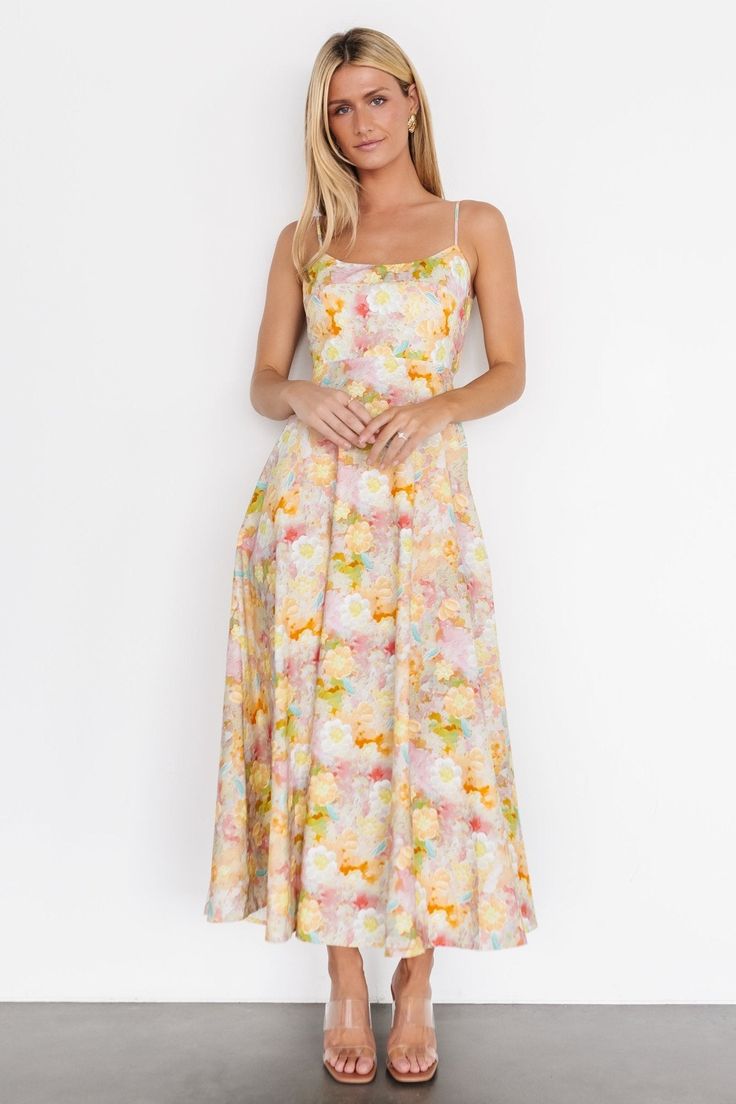 Katalina Back Tie Midi Dress | Pastel Multi - Baltic Born Multicolor Floral Dress, Pastel Floral Dress, Burgundy Maxi Dress, Floral Bridesmaid Dresses, Dress Pastel, Pastel Dress, Baltic Born, Midi Dress Style, Pleated Maxi Dress