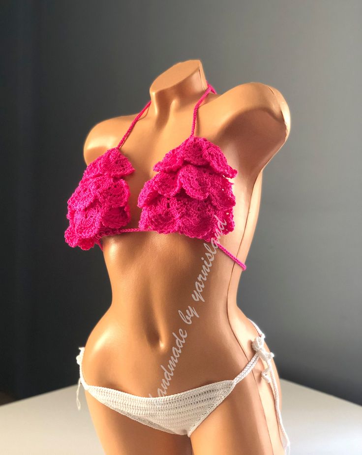 "If you want to see my other handmade bikini and pareos; https://www.etsy.com/shop/yarnisland?ref=seller-platform-mcnav&section_id=28064187 Handmade with 100% high quality acrylic yarn. This bikini is swim safe. It is comfortable to wear in and out of the water, will stay put during your swim and dry fast. The material is firm and tightly knit, you can wear it safely. You can use this bikini top with your shorts or pants daily. Color; Pink and white SIZING: If you are not sure which size to Adjustable Crochet Swimwear For Beach, Pink Crochet Swimwear For Vacation, Beachwear Crochet Lace Swimwear For Festivals, Crochet Tie-side Bottom Swimwear For Vacation, Bohemian Crochet Fitted Swimwear, Handmade Bikinis, Crochet Swimsuit, Festival Crop Tops, Crochet Swimwear