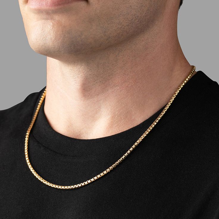 Meticulously crafted from solid 14 karat yellow gold, the 3mm Diamond Cut Round Box Chain exudes timeless elegance and sophistication. This intricately crafted chain features a diamond-cut design that enhances its radiant shine, creating a captivating fire with every movement. Crafted to be the perfect gold necklace for men, its solid and durable links promise long-lasting strength and a comfortable wear for any occasion. Whether worn on its own or with a pendant, this chain's rounded design off Formal Yellow Gold Box Chain Necklace, Classic Gold Plated Box Chain Necklace, Gold Rectangular Diamond Cut Necklace, Rectangular Diamond Cut Gold Necklace, Classic Gold Box Chain Necklace, Elegant Cuban Link Chain Necklace With Diamond Cut, 14k Gold Box Chain Necklace, Gold Fine Jewelry Tennis Necklace For Gift, Diamond Cut Link Chain Necklace For Anniversary