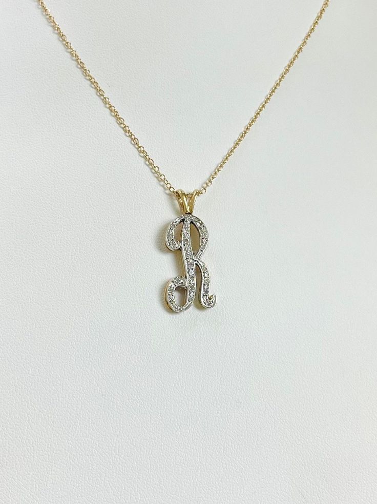 "A Vintage Retro 14k Gold Letter \"R\" Pendant Charm with Diamonds. Stones test as natural diamonds.  All items are XRay and Acid tested to ensure metal authenticity. All pieces in this store are solid gold in the purity listed unless otherwise stated.  Weight: 3.4 grams Size: 30.0mm x 11.5mm approximately" Rose Gold Diamond Jewelry With Initials, Gold Diamond Necklace With Initials, Yellow Gold Diamond Necklace With Initials, Gold Diamond Jewelry With Initials, Hallmarked Diamond Initial Pendant Jewelry, 14k Gold Diamond Initials Necklace For Anniversary, Anniversary Jewelry With Initials In Diamond White, 14k Gold Diamond Necklace With Initials For Anniversary, Diamond White Jewelry With Initials For Anniversary