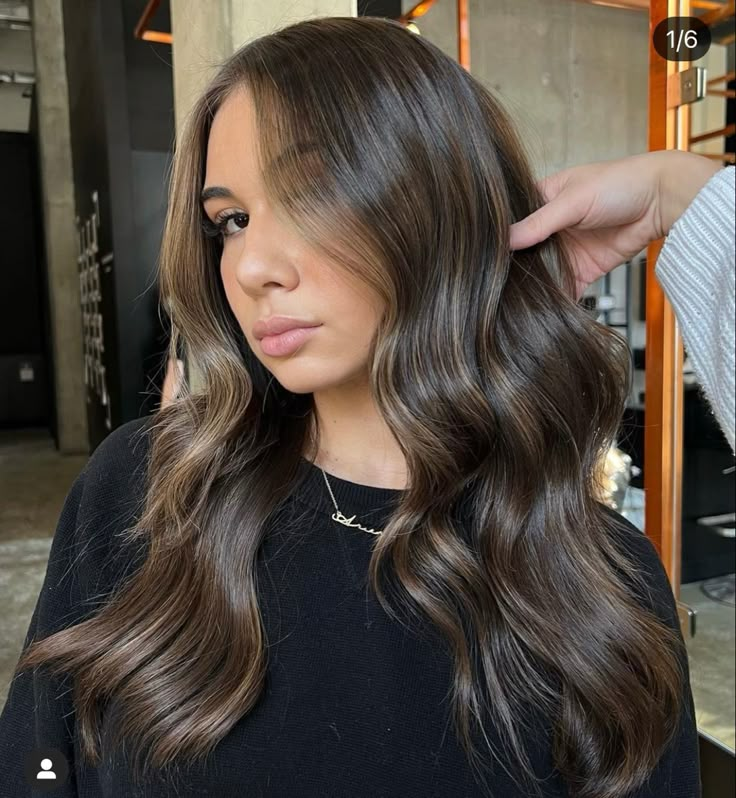 Hair Color On Yellow Skin, Dark Hair With Golden Brown Highlights, Barely There Highlights, Rich Brown Highlights, Dimension Brunette, Black Hair With Subtle Highlights, Subtle Brown Balayage, Subtle Balayage Brunette, Black Hair Balayage