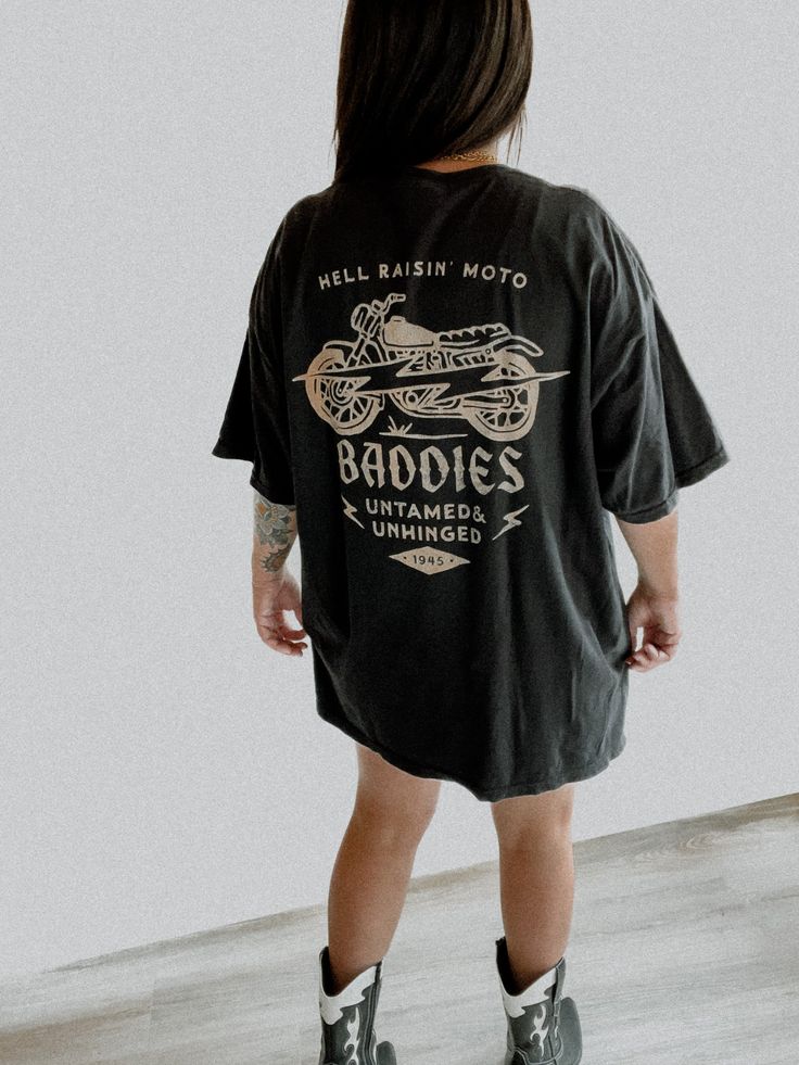 These tees are printed on super soft Comfort Colors, providing a relaxed unisex fit with a worn-in look and feel. This collection offers our most expanded size range from S-3X.Looking for these tees to fit oversized? Size up 1-2 sizes.Model is wearing a size 2X for an oversized fit• 100% ring-spun cotton• Garment-dyed• Relaxed fitThis product is made especially for you as soon as you place an order, please see the banner on the top of our site for current turnaround times. Making products on dem Vinyl Graphic Tees, Washed Black Short Sleeve T-shirt With Text Print, Relaxed Fit Washed Black T-shirt With Screen Print, Biker Style Short Sleeve T-shirt For Streetwear, Oversized Washed Black T-shirt With Screen Print, Washed Black Graphic Print Crew Neck T-shirt, Urban Style Tri-blend Pre-shrunk Tops, Acid Wash T-shirt With Front Print And Crew Neck, Washed Black Crew Neck T-shirt With Screen Print