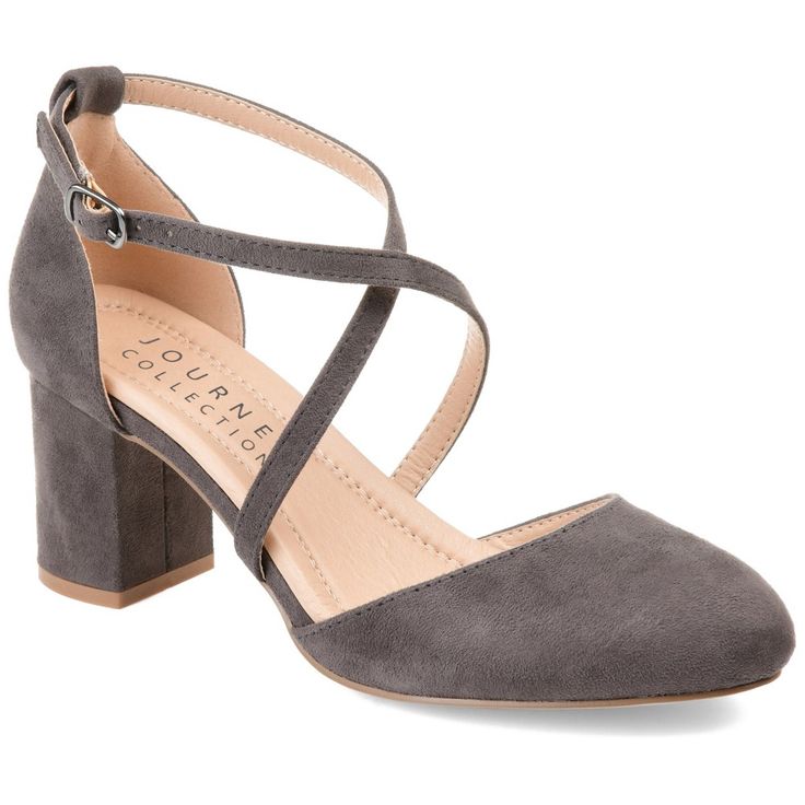 Step into a classic style with this comfort sole design by Journee Collection. This pump features micro suede material, crisscross buckle strap, an almond toe, and a heel height that will fit you perfectly. At Journee Collection, our pump styles will let you go from a fun night out with the girls to kicking back and relaxing at the end of the night without any trouble. Also available in wide width. Block Heel Pumps, Platform Block Heels, Block Heel Shoes, Ankle Strap Pumps, Strap Pumps, Slingback Heel, Journee Collection, Heel Pumps, Womens High Heels