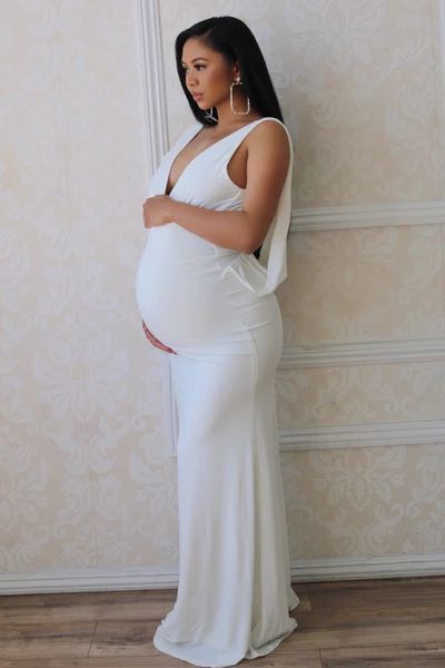 Elegant White Maternity Gown, draped back dress, Bridal gowns – Chic Bump Club Baby Shower Dresses Black Women, White Baby Shower Dress, White Maternity Gown, Pink Maternity Gown, Maternity Bridal Gowns, Lace Maternity Gown, Blue Maternity Dress, Sparkle Gown, Pregnant Bride