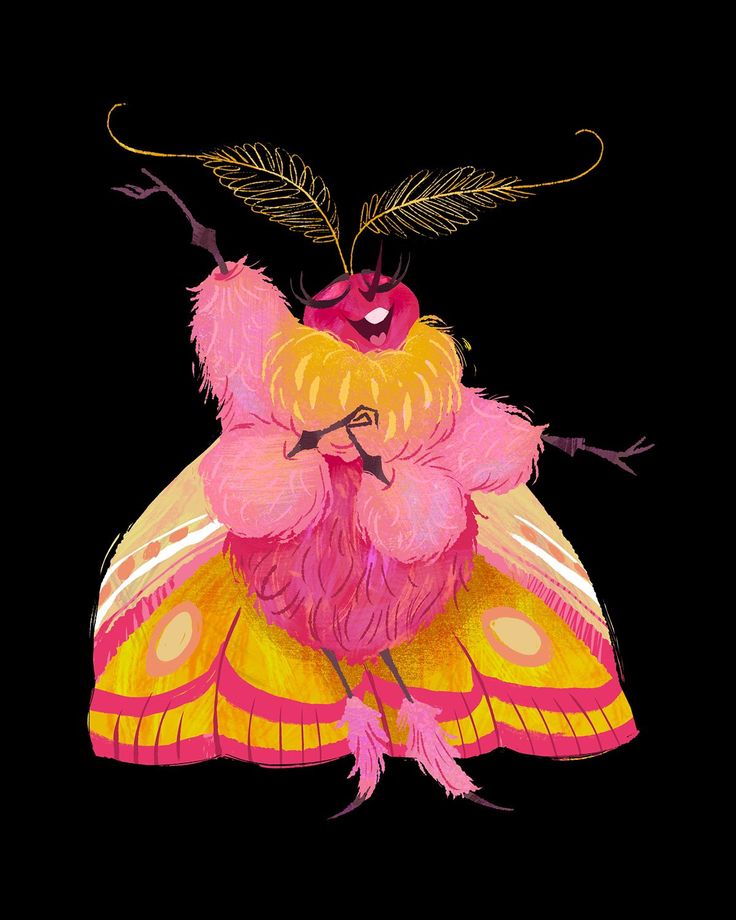 a pink and yellow butterfly with feathers on it's wings, sitting in front of a black background