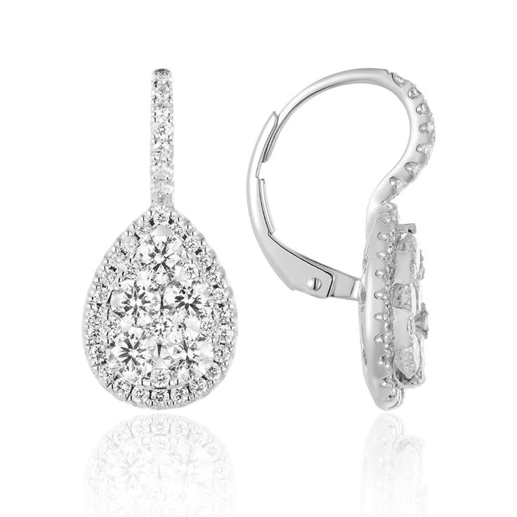 Luvente Pear Drop Earrings feature a dramatic field of diamonds; mosaic-prong set for the look of a 2 carat diamond in the center of each earring surrounded by a halo of diamonds. These are pictured in 14k white gold, featuring 1.85ctw of G/VS-2 to SI-1 natural diamonds. Last Chance Sale, Colorless Diamond, Solitaire Studs, Mesh Bracelet, Leverback Earrings, Star Bracelet, Evil Eye Bracelet, Art Deco Ring, 2 Carat