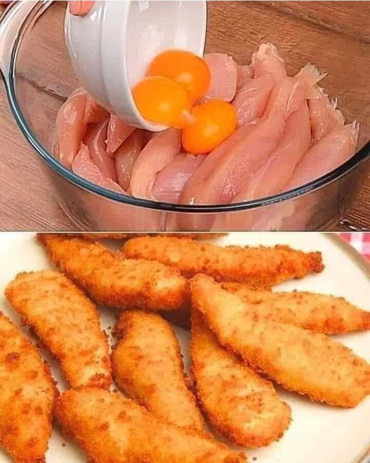 chicken strips and oranges in a glass bowl next to an image of breaded chicken