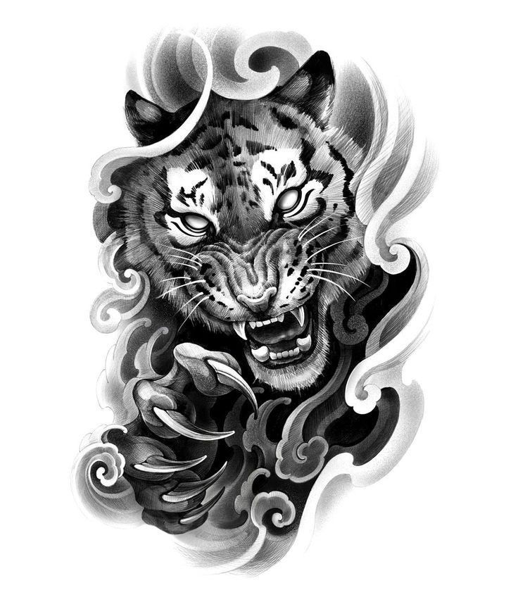 an ink drawing of a tiger's face with swirls and waves around it