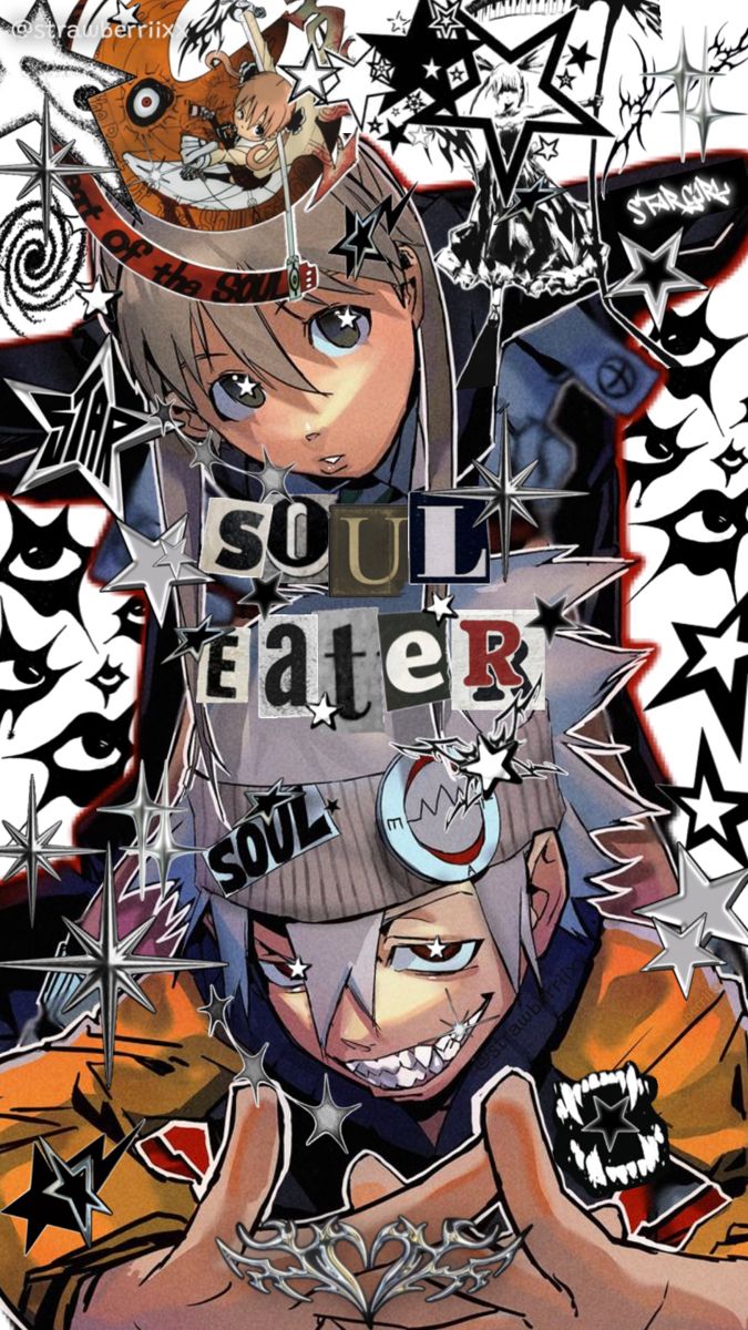 an anime poster with the words soul eaterr written in black and white on it