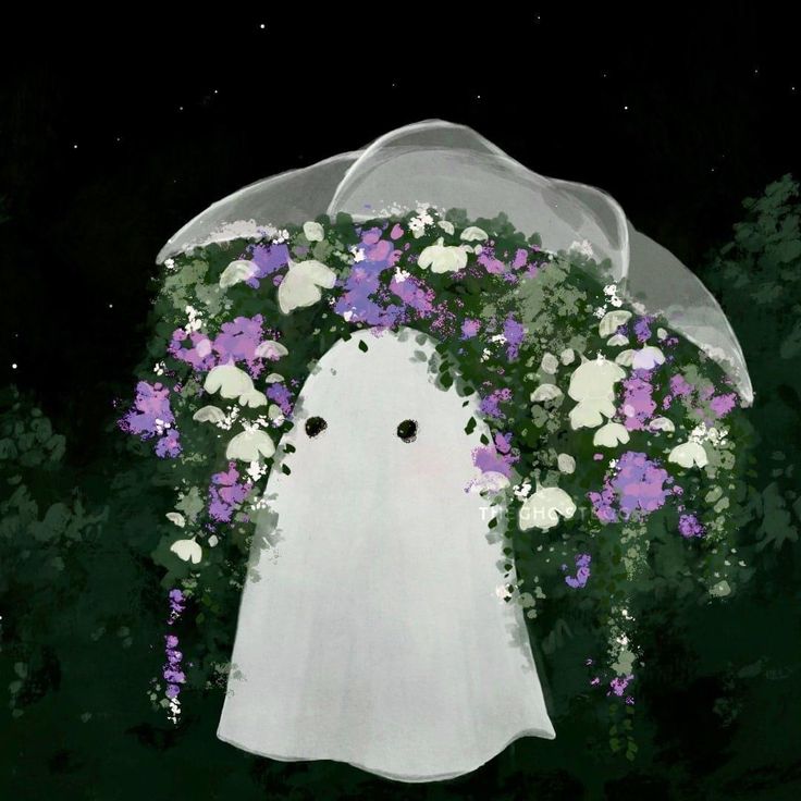 a painting of a ghost with flowers around it