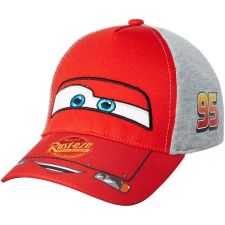 a red and grey hat with the face of mater from cars on it's side