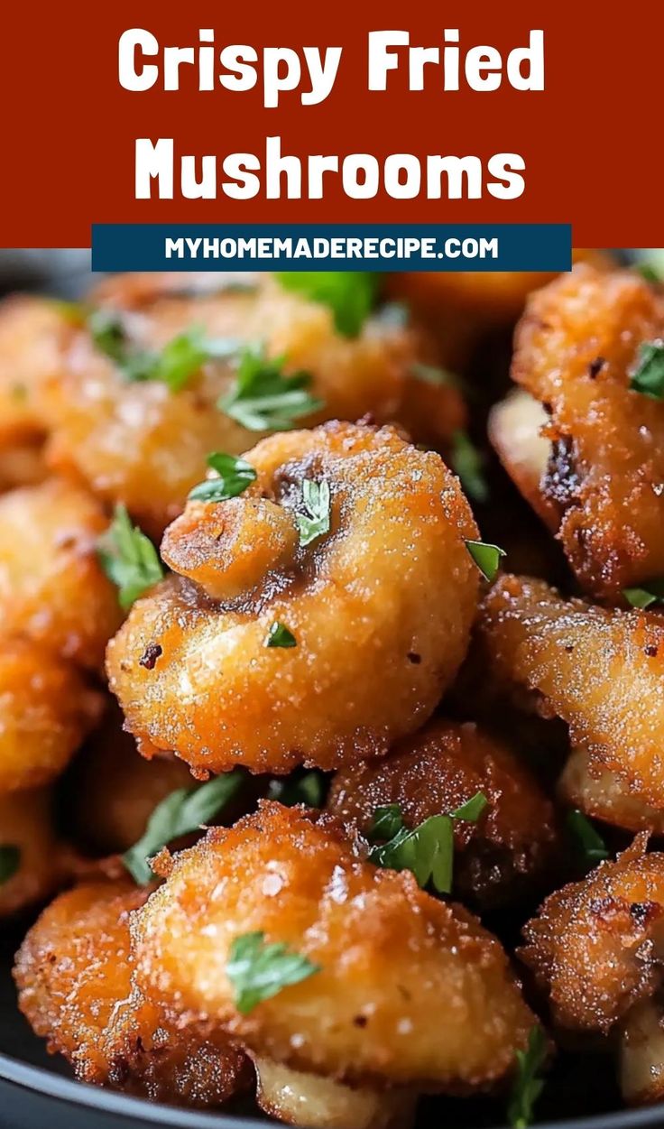 crispy fried mushrooms in a black bowl with parsley on top and text overlay