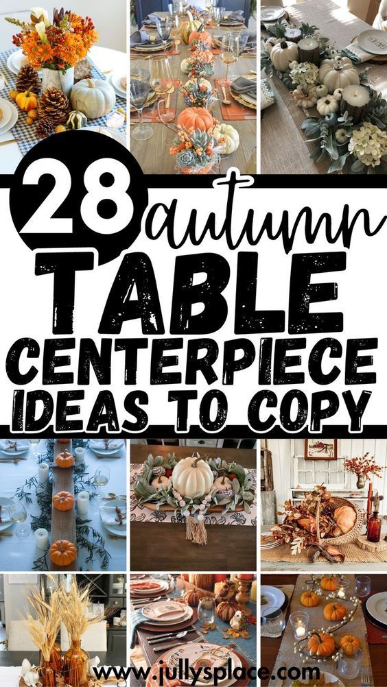 a collage of photos with pumpkins, candles and other things to decorate the table