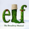 the broadway musical elf logo with green boots and hat on it's head, in front of snow covered ground