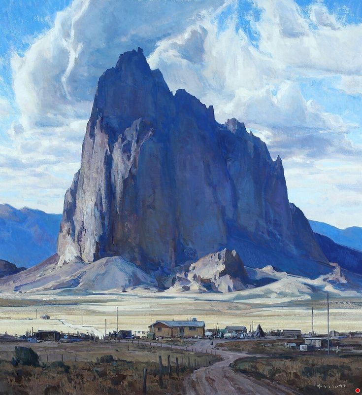 an oil painting of a mountain in the desert