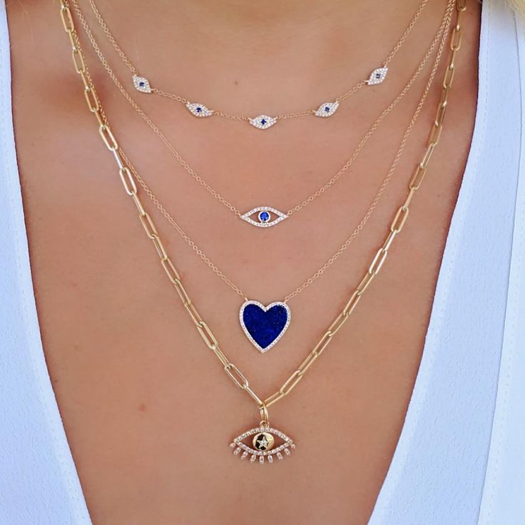 14K Gold Micro Pave Diamond Blue Evil Eyes Necklace Izakov Diamonds + Fine Jewelry Body Jewelry Men, Heart Necklace Diamond, Evil Eyes, Stylish Necklace, Gold Diamond Necklace, Heart Gemstone, Blue Evil Eye, Evil Eye Necklace, Evil Eye Jewelry