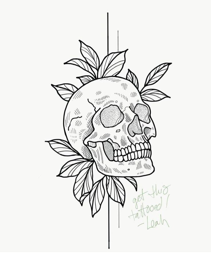 a drawing of a skull with leaves on it