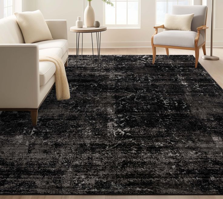 a black area rug in a living room