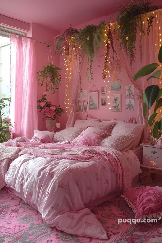 a bedroom decorated in pink and white with hanging plants