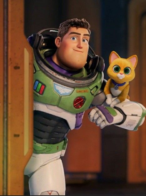 the character buzz lightyear from toy story is posed in front of a doorway with a cat on his arm