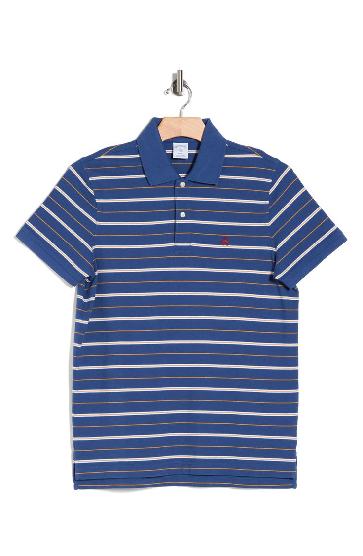 Stretch-kissed and breathable cotton brings total comfort to this striped polo that brings a sporty attitude to any ensemble. 29" length (size Medium) Button half placket Spread collar Short sleeves 100% cotton Machine wash, tumble dry Imported Casual Striped Polo Shirt For Summer, Fitted Cotton Tops With Signature Stripes, Cotton Tops With Signature Stripes, Casual Striped Polo Collar Top, Casual Striped Tops With Polo Collar, Casual Collared Tops With Signature Stripes, Navy Cotton Polo Shirt, Navy Cotton Polo Shirt For Spring, Spring Polo Shirt With Contrast Stripes