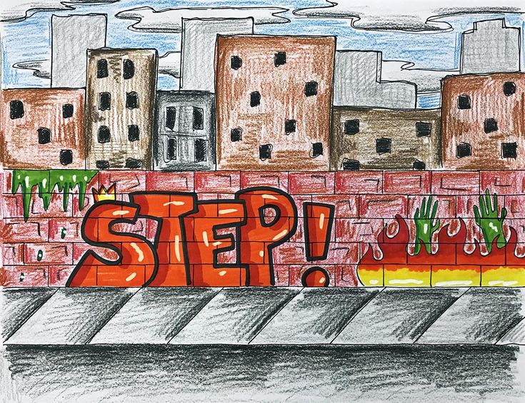 a drawing of the word step painted on a brick wall with buildings in the background