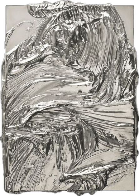 an abstract painting with silver paint on it's edges and the image is in black and white