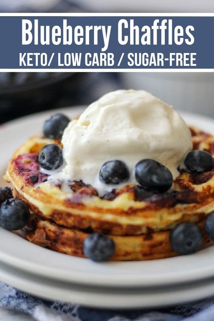 blueberry waffles with ice cream on top and the words keto low carb / sugar - free