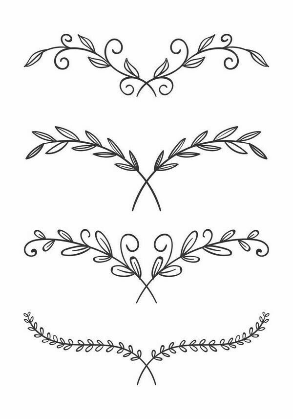 four different hand drawn designs with leaves and scrolls on the top one is black and white