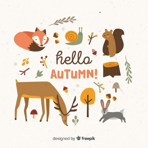 an autumn card with cute animals and trees in the background that says, hello autumn