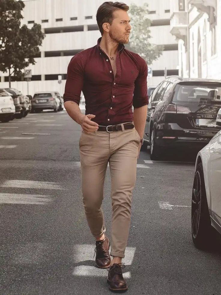 Maroon Shirt Outfit, Men Work Outfits, Brown Pants Outfit, Khaki Pants Outfit, Khakis Outfit, Simple Casual Outfits, Shirt Outfit Men, Pants Outfit Men, Formal Men Outfit