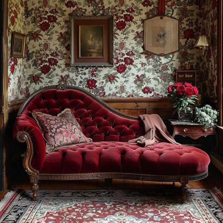 a red couch sitting on top of a rug next to a wall covered in flowers