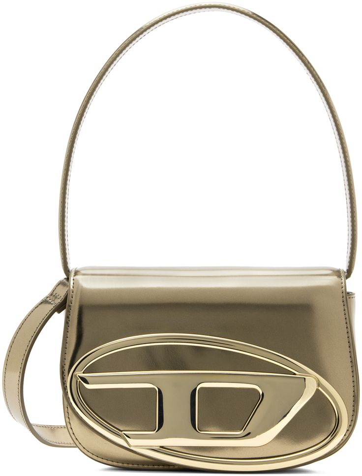 Polished leather shoulder bag in metallic bronze tone. · Fixed carry handle · Adjustable and detachable crossbody strap · Logo hardware at face · Magnetic press-stud flap · Patch pocket at two-compartment interior · Twill lining · H5.5 x W8 x D2.25 Supplier color: Bronze Designer Gold Flap Bag With Detachable Handle, Elegant Tan Bag With Logo Hardware, Modern Gold Bag With Logo Hardware, Gold Shoulder Bag With Metal Logo, Tan Top Handle Shoulder Bag With Logo Hardware, Modern Tan Shoulder Bag With Logo Hardware, Gold Crossbody Bag With Logo Hardware, Modern Gold Flap Bag With Metal Hardware, Designer Gold Shoulder Bag With Logo Hardware