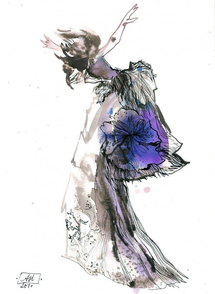 a drawing of a woman in a long dress with flowers on the side and her arms outstretched