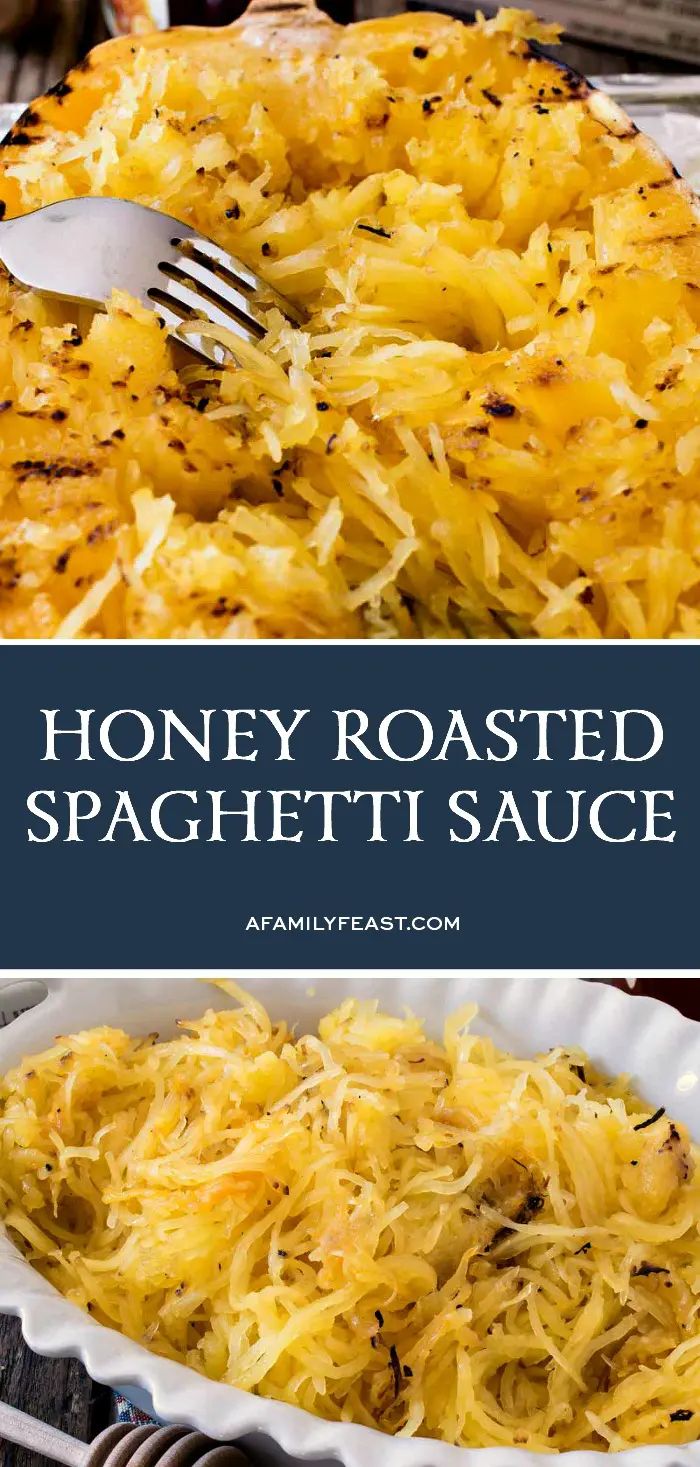 honey roasted spaghetti sauce in a white casserole dish with a fork and spoon