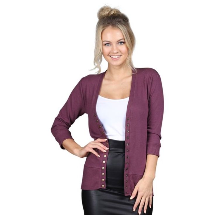 Women’s 3/4 Sleeve ‘Zenana Outfitters’ V-Neck Cardigan. Snap Closure, Buttons Are Gold. Stretchy, Soft Material, Lightweight, Purple Mauve "Eggplant" Color. New, Never Worn But No Tags. Approximate Measurements: 26” Long, 16” Across At Chest, Sleeves Are 18” Long From Shoulder To Hem. Purple Eggplant, Short Sleeve Kimono, Cheap Clothes Online, Fitted Cardigan, Beauty Clothes, Button Cardigan, Women's Sweaters, Diva Fashion, Womens Fashion Trends