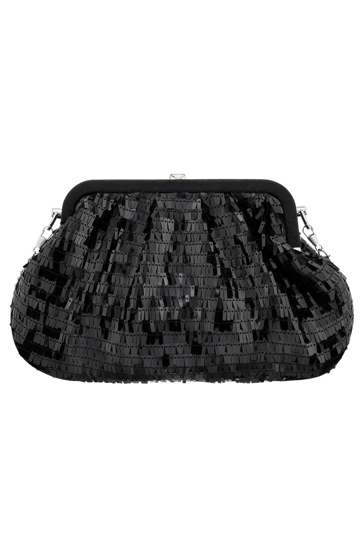 Lustrous sequins and a metallic clasp elevate an event-ready clutch fitted with a drop-in chain strap for hands-free wear. Lined Textile Imported Party Black Clutch With Sequins, Glamorous Sequin Clutch For Night Out, Black Evening Bag With Sequins, Black Sequined Evening Clutch Bag, Black Sequined Evening Bag, Black Sequin Evening Bag For Events, Black Sequined Evening Bag For Formal Occasions, Glamorous Sequined Evening Bag For Night Out, Glamorous Black Clutch For Cocktail