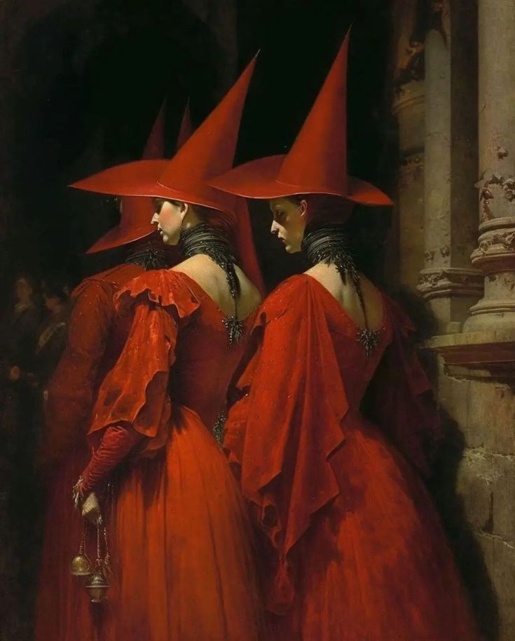 two women in red dresses and matching hats