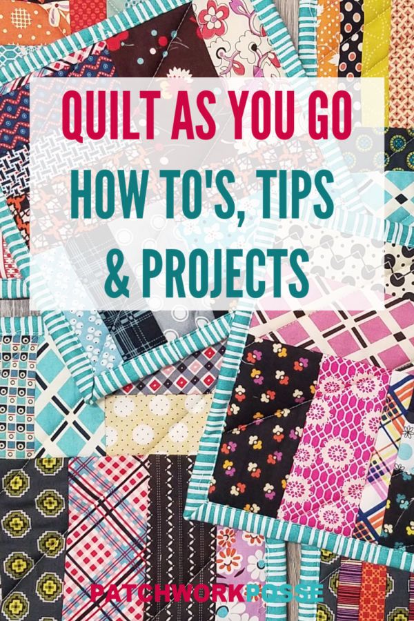 quilt as you go how to's, tips and projects book cover with colorful fabrics