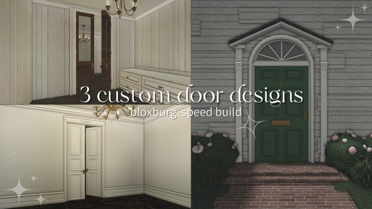 three custom door designs for a house with brick floors and green doors, along with an illustration of the front porch