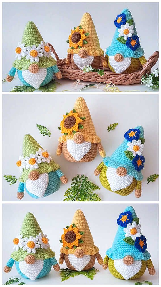 crocheted gnomes with flowers and sunflowers on their heads